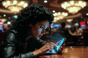 Women remain minority among Spain online gamblers but participation rising rapidly. Woman sitting at a casino table using a smartphone to place a bet or play an online gambling game, with slot machines and chandeliers blurred in the background.