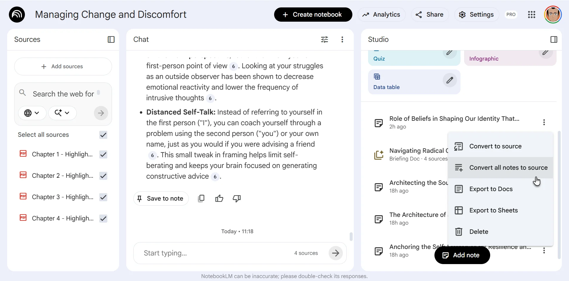 Convert all notes to source in NotebookLM.