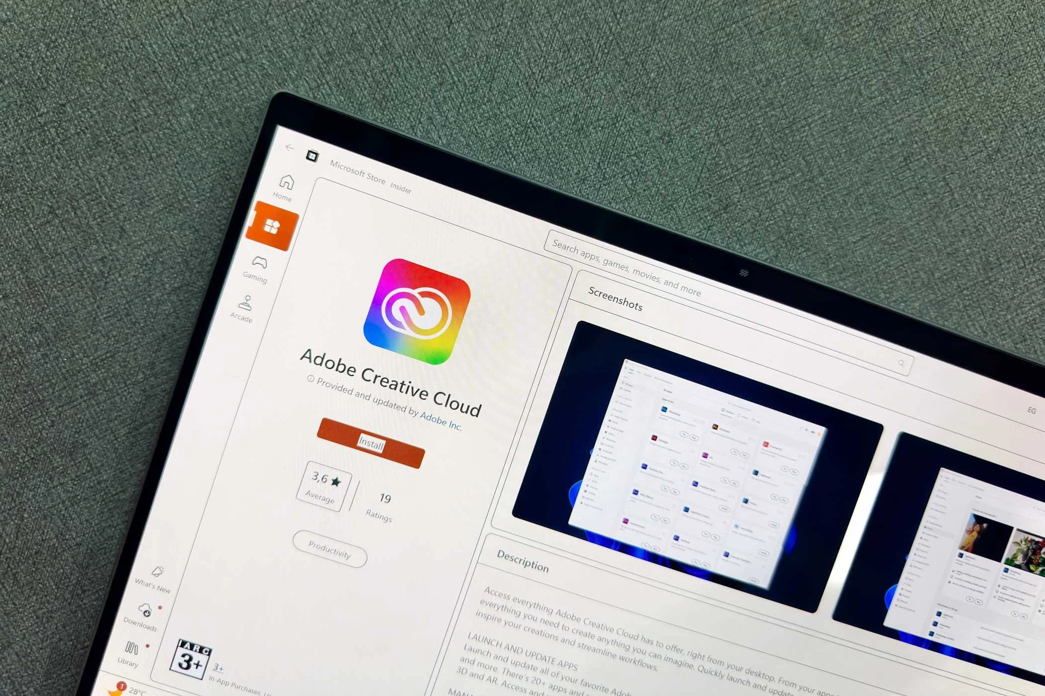 Adobe Creative Cloud on the Microsoft Store on a laptop