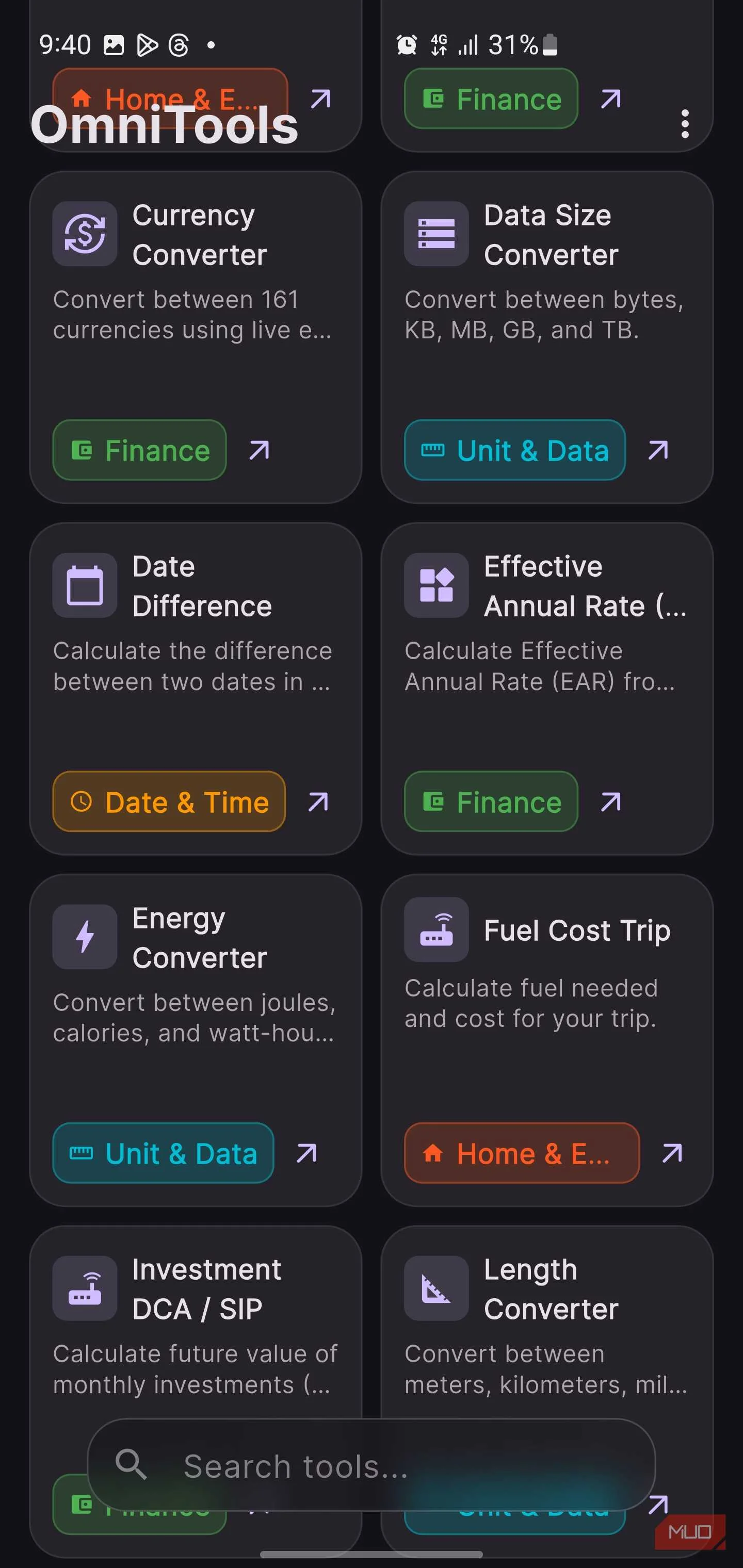 OmniTools app screen showing various converters.