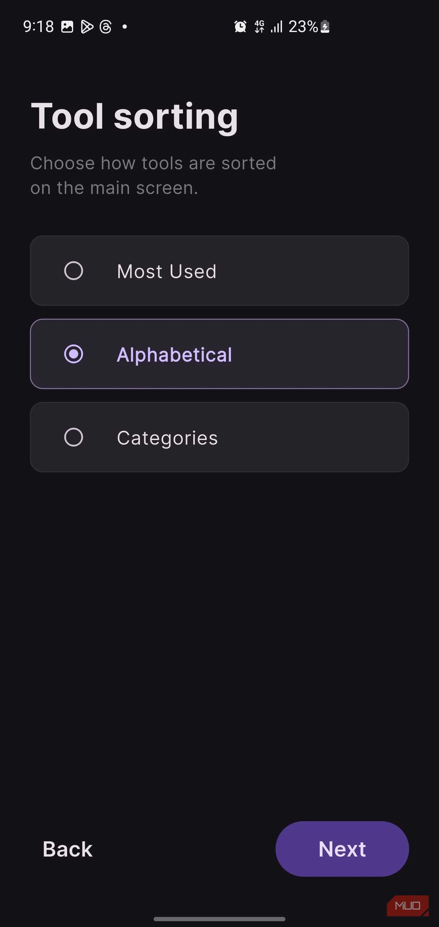 OmniTools settings screen for tool sorting, with the Alphabetical option selected.-1