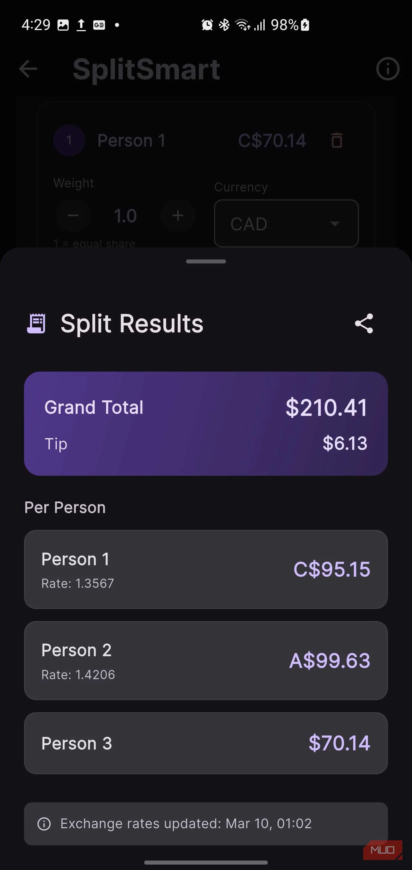 OmniTools SplitSmart results screen.
