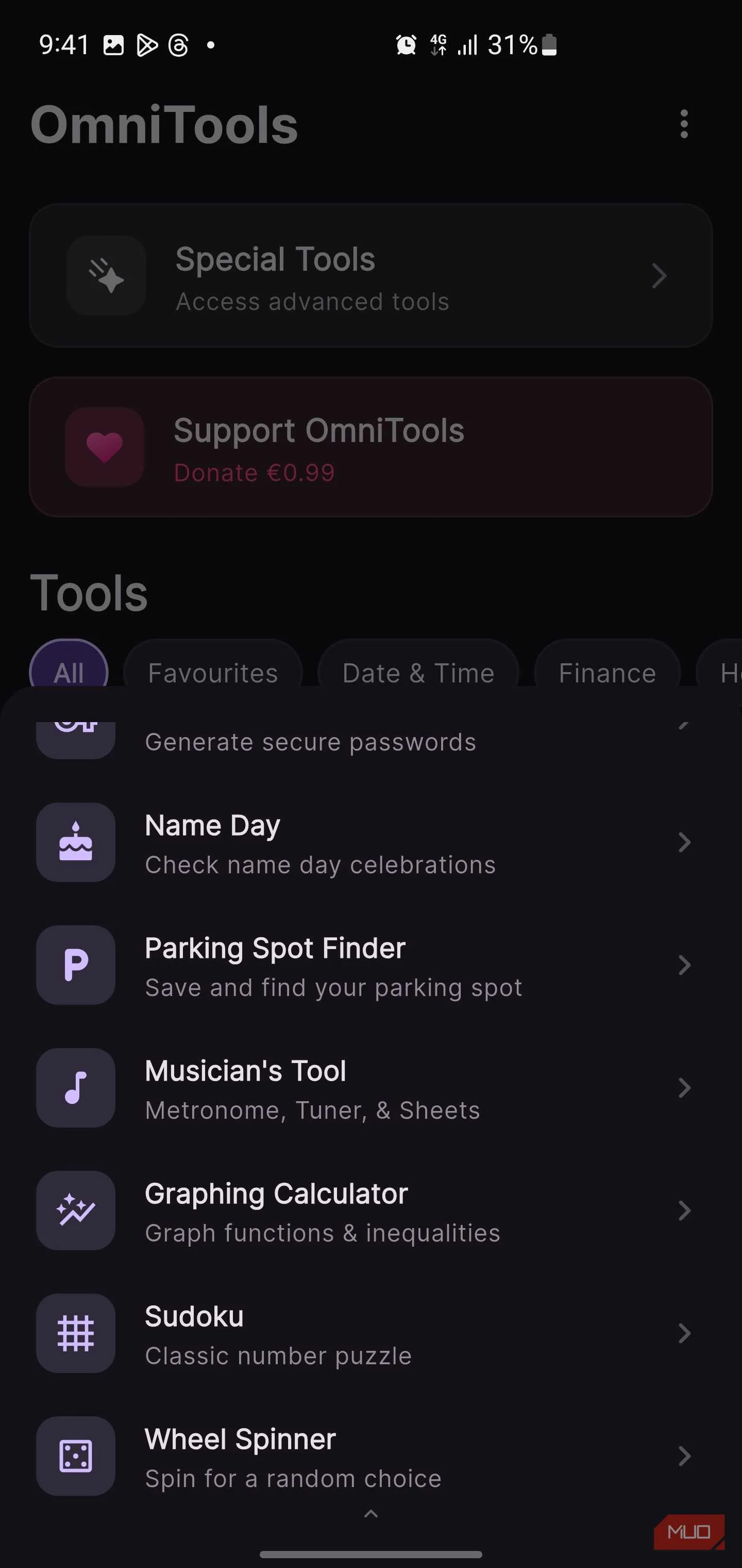 OmniTools Special Tools menu scrolled down.