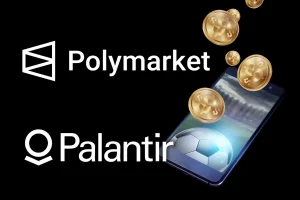 Polymarket partners with Palantir and TWG AI to monitor sports prediction markets. Illustration showing Polymarket and Palantir logos beside a smartphone displaying a soccer ball, with gold dollar coins floating above, symbolizing sports prediction markets and betting technology.