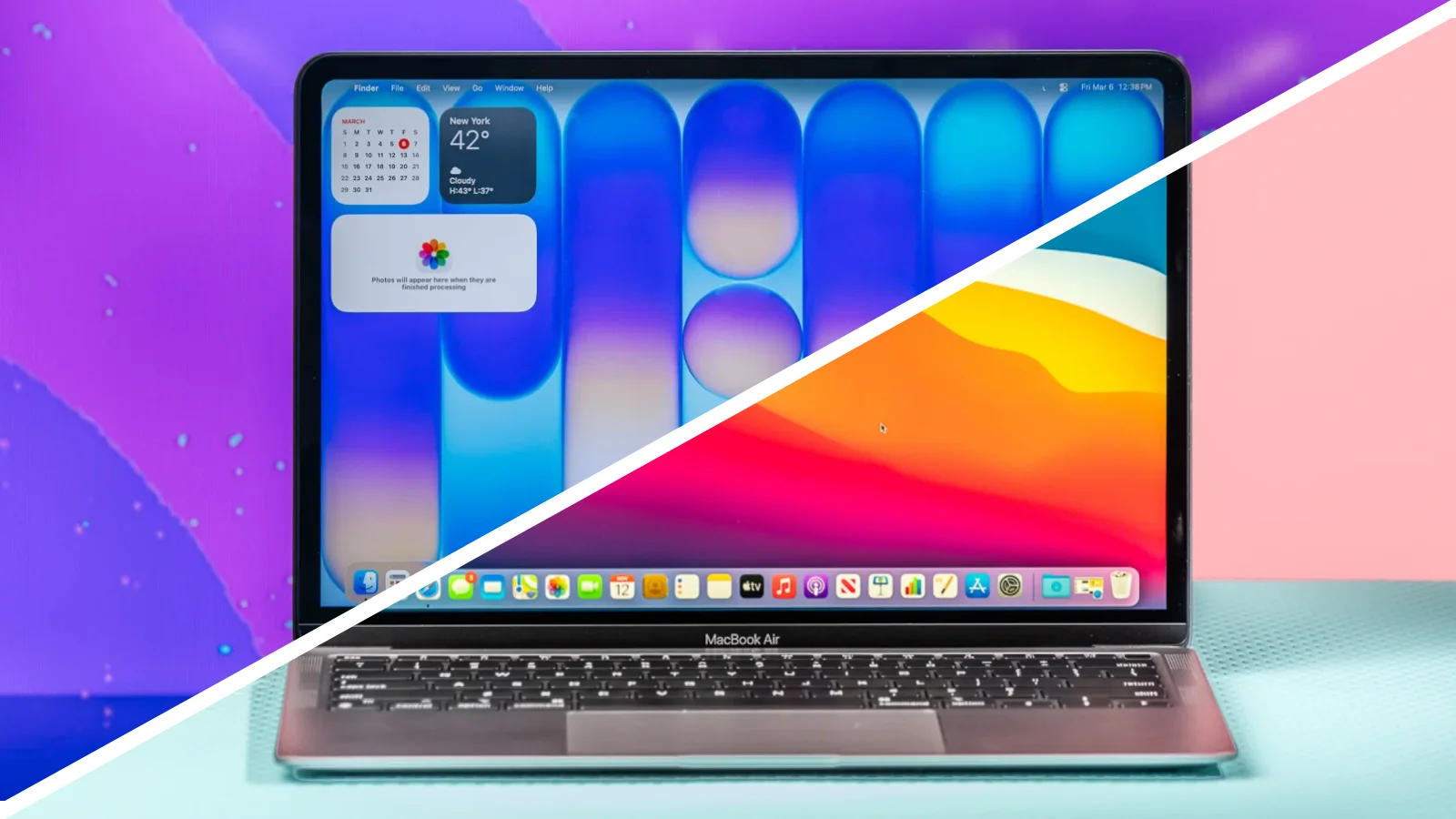 the macbook neo and the m1 macbook air spliced in half diagonally