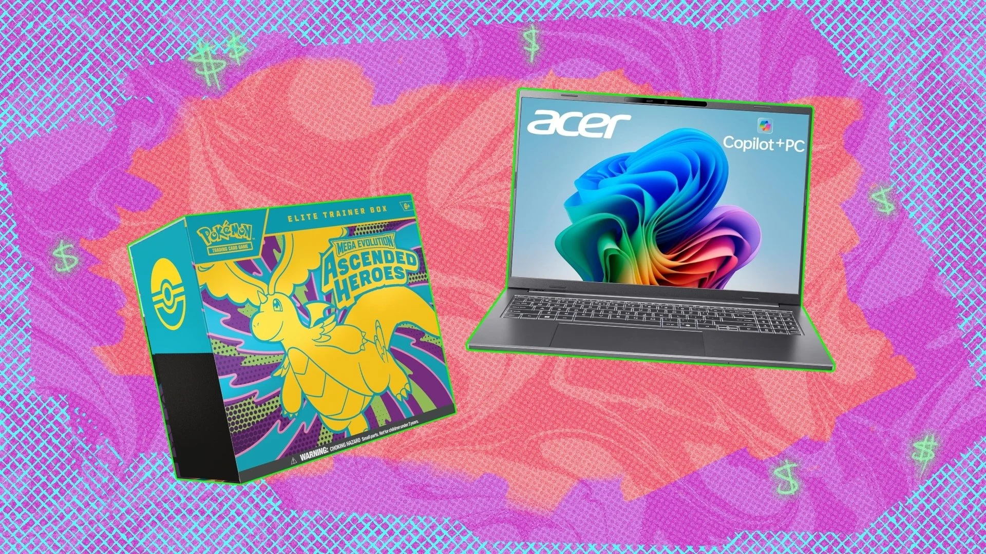 Pokémon cards and Acer laptop on gradient background