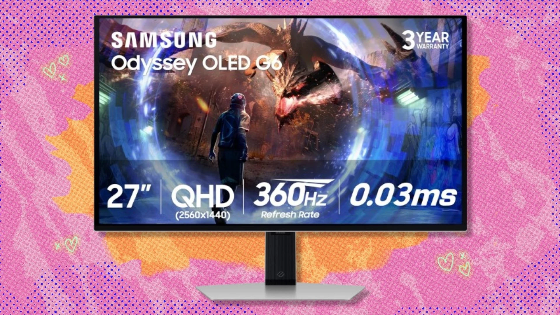 The Samsung 27-inch Odyssey OLED G6 series gaming monitor on a red and orange background
