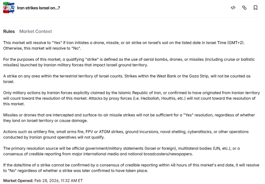 Screenshot of a Polymarket page titled “Iran strikes Israel on…?” showing market rules that define when the prediction market resolves to “Yes,” including that Iranian drones, missiles, or airstrikes must impact Israeli territory and be confirmed by credible reporting or official statements.