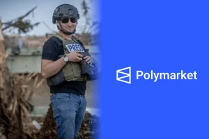 High-stakes Polymarket bet linked to report that triggered threats. Composite image showing a journalist wearing a helmet and protective vest labeled “PRESS” while holding a camera in a conflict zone, alongside the Polymarket logo on a blue background.