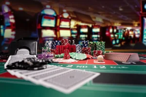 Virginia lawmakers move closer to allowing casino development in Fairfax County. Casino set cards, dice and chips on BlackJack mat