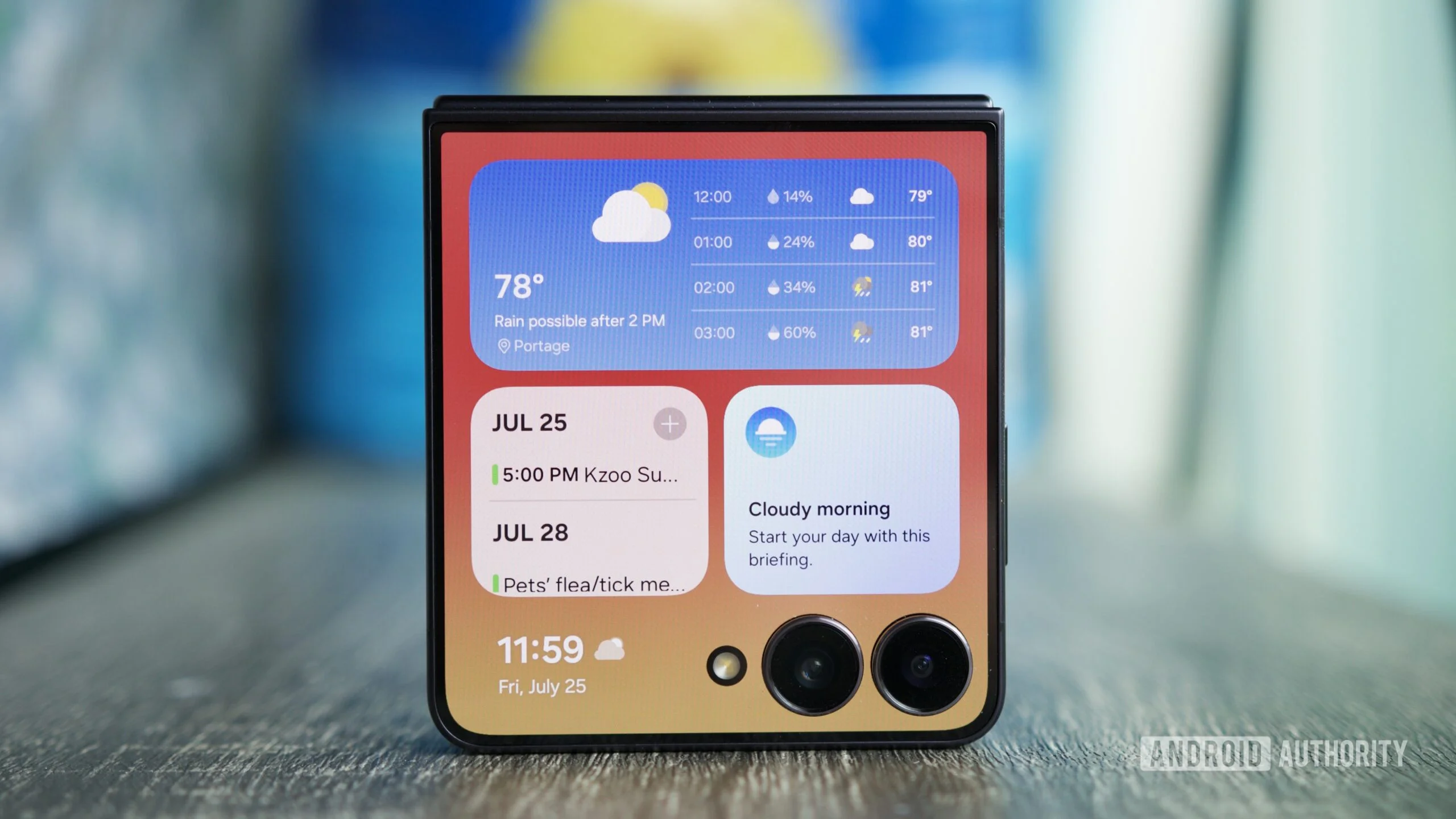 Weather and calendar widgets on the Galaxy Z Flip 7's cover screen.
