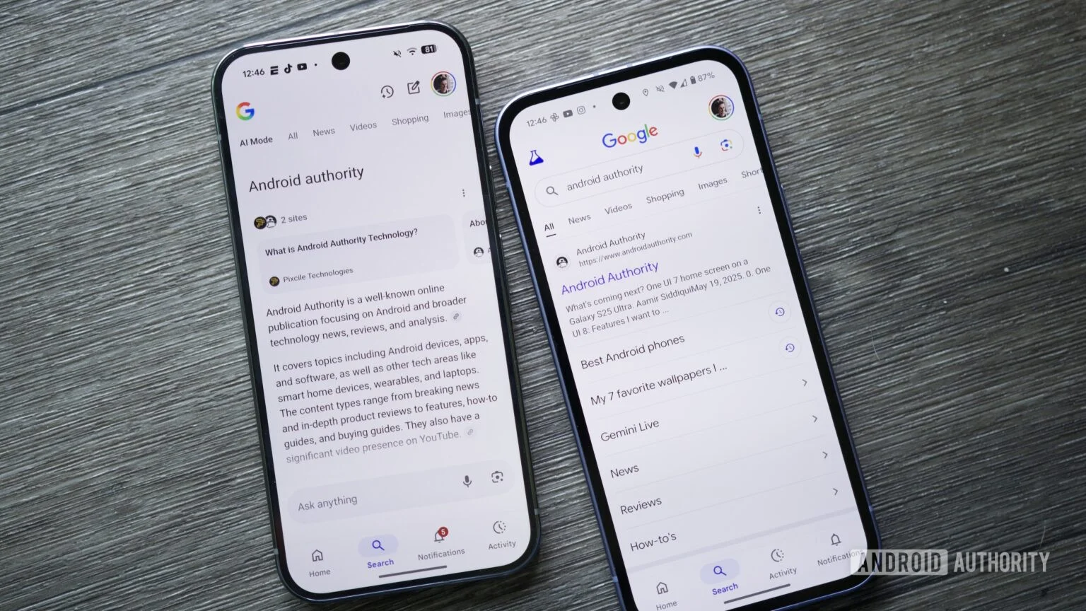 Two Android phones, one showing an AI Mode result, and the other showing a regular Google Search result.