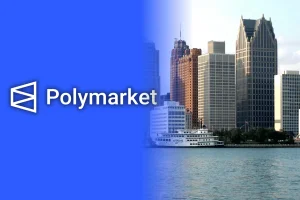 Federal judge rejects emergency injunction bid from prediction market Polymarket in Michigan. Graphic showing the Polymarket logo on a blue gradient background on the left, with the Detroit skyline and waterfront on the right, representing prediction markets and the Michigan legal dispute.