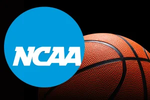 Federal prosecutors unseal sweeping NCAA basketball illegal game-fixing scheme tied to China. NCAA logo overlaid on a close-up basketball against a black background, representing college basketball and the NCAA.